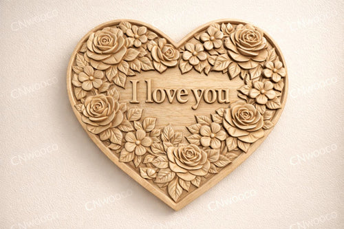 Fichier CNC & impression 3D cœur "I Love You" floral – bas-relief romantique pour sculpture bois, décoration murale STL