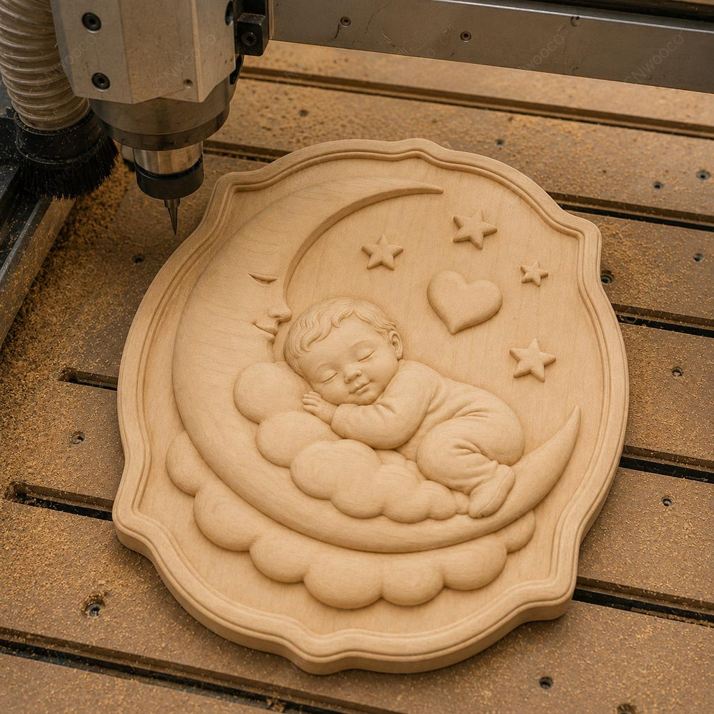 CNC & 3D-Druck, schlafendes Baby auf Mond Relief, Kinderzimmer Deko für Holzgravur, hochwertiges STL
