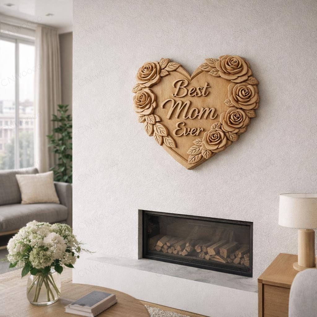 CNC-Datei & 3D-Druck florales Herz „Best Mom Ever“ – Wandrelief Holz für Muttertagsgeschenk hochwertige STL