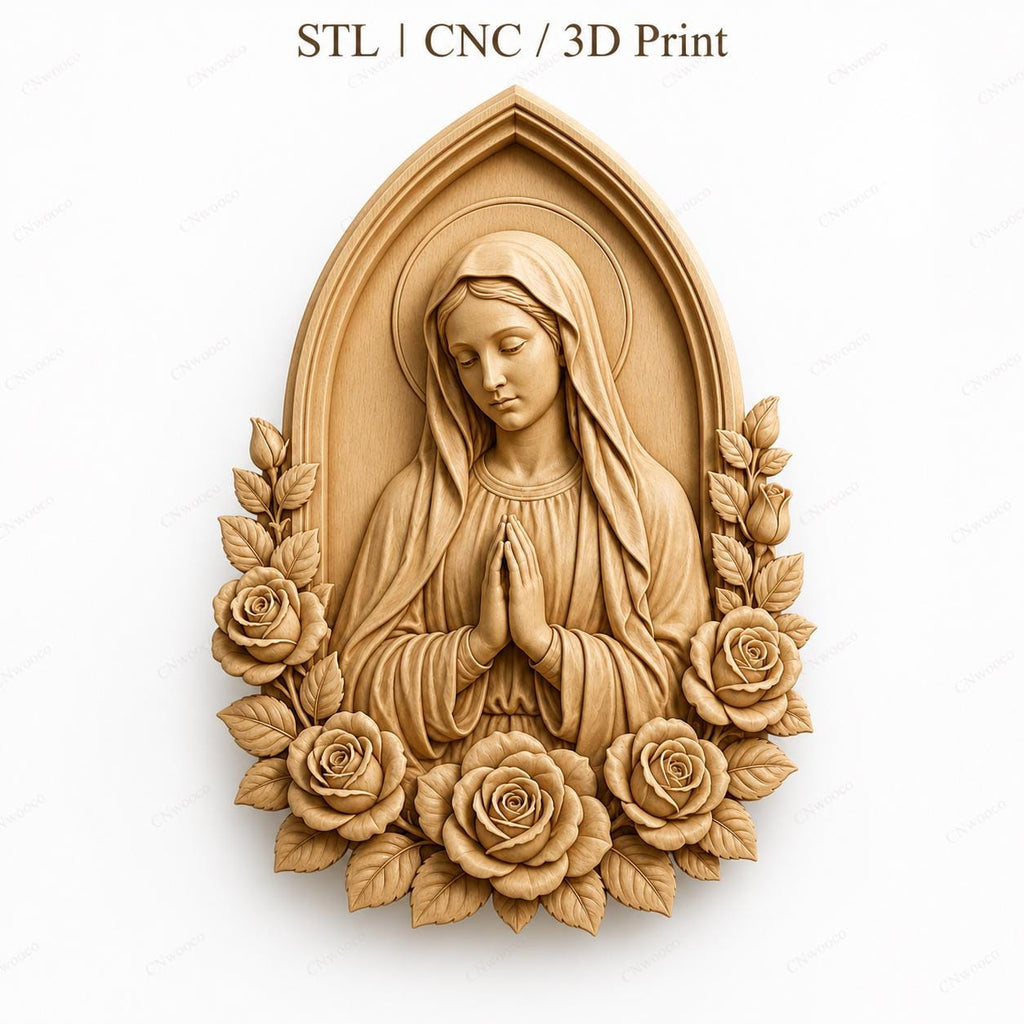 CNC & impression 3D relief Vierge Marie avec roses, fichier STL très haute qualité