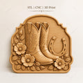 CNC & impression 3D relief bottes cowboy et fer à cheval, fichier western bois, STL de haute qualité, à personnaliser