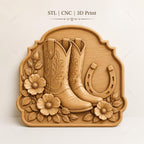 CNC & impression 3D relief bottes cowboy et fer à cheval, fichier western bois, STL de haute qualité, à personnaliser