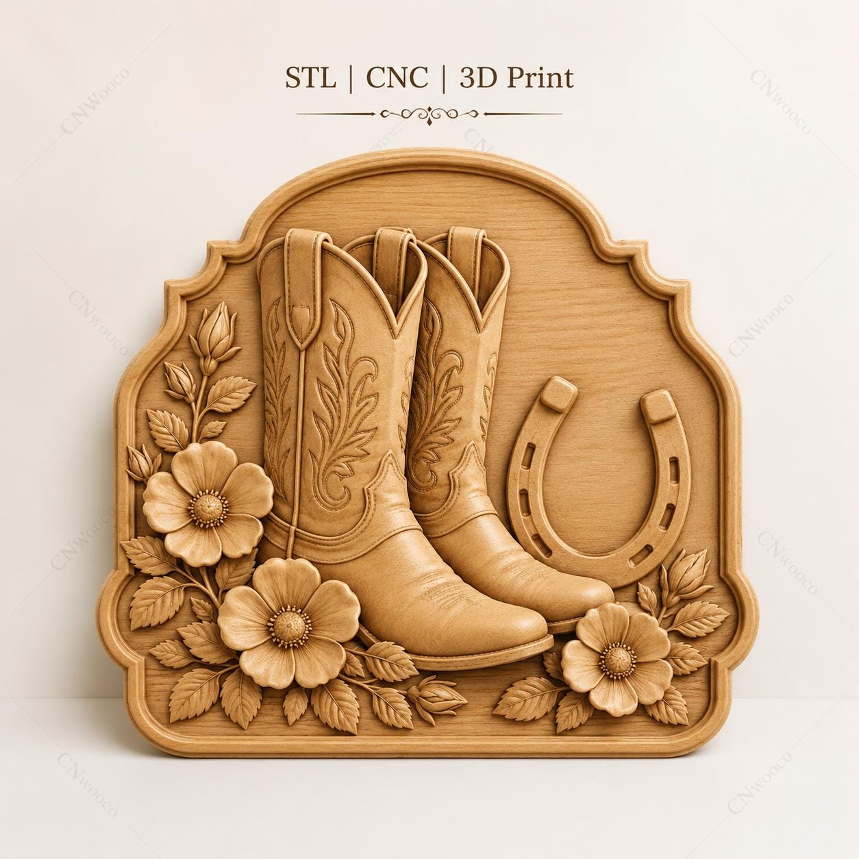 CNC & impression 3D relief bottes cowboy et fer à cheval, fichier western bois, STL de haute qualité, à personnaliser