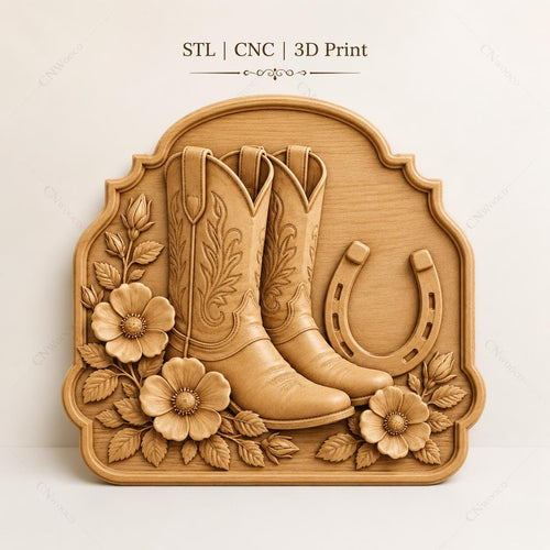 CNC & impression 3D relief bottes cowboy et fer à cheval, fichier western bois, STL de haute qualité, à personnaliser