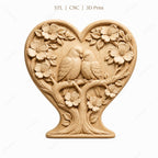 CNC & impression 3D oiseaux amoureux dans cœur floral, fichier STL très haute qualité