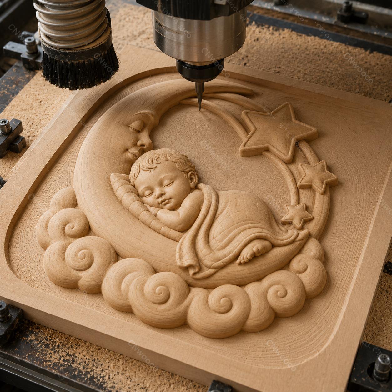 CNC & impression 3D bébé endormi sur lune avec étoiles, fichier STL très haute qualité