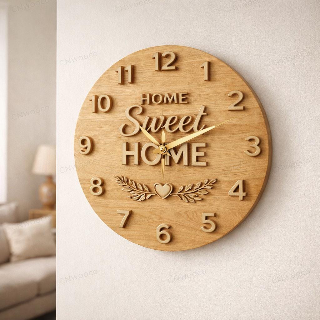 CNC-Datei Uhr "Home Sweet Home" – Holz-Flachrelief für CNC-Skulptur, Wanddekoration Haus STL