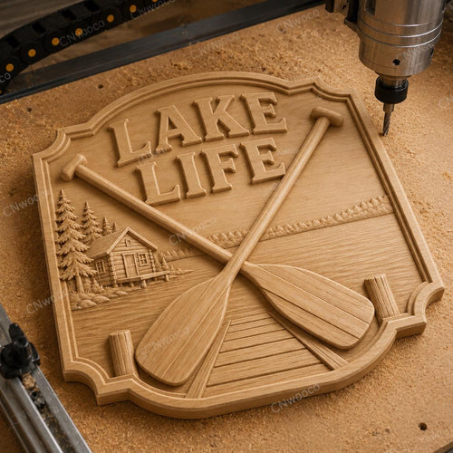 CNC & impression 3D relief Lake Life avec rames et cabane au bord du lac, fichier STL de haute qualité