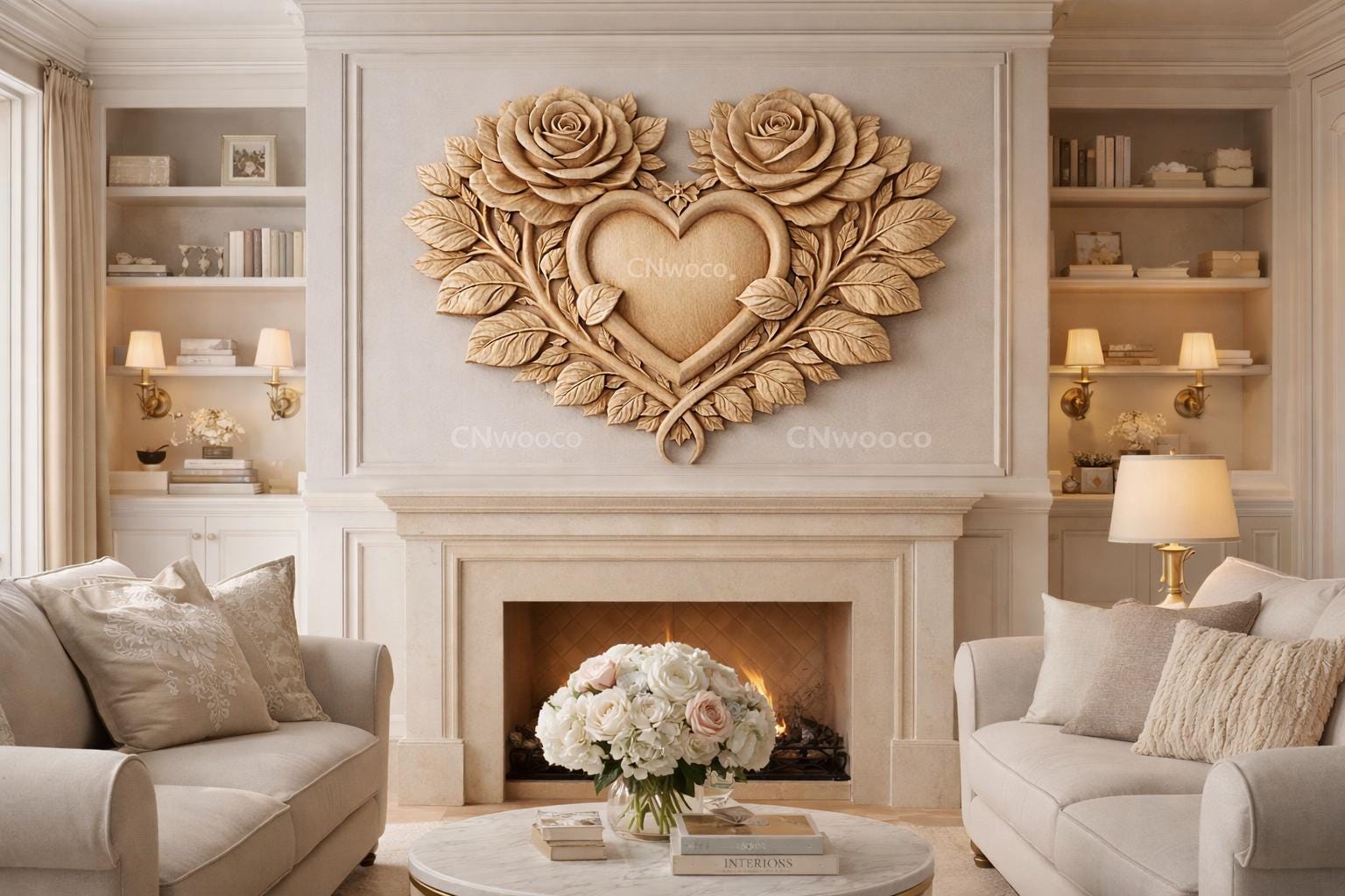 Fichier CNC cœur roses floral, bas-relief bois décoratif, décoration murale, modèle gravure 3D STL