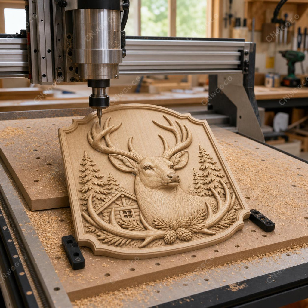 CNC- & 3D-Reliefdruck Hirschkopf im Wald, Jagd- und Hüttendekoration, STL-Datei sehr hoher Qualität