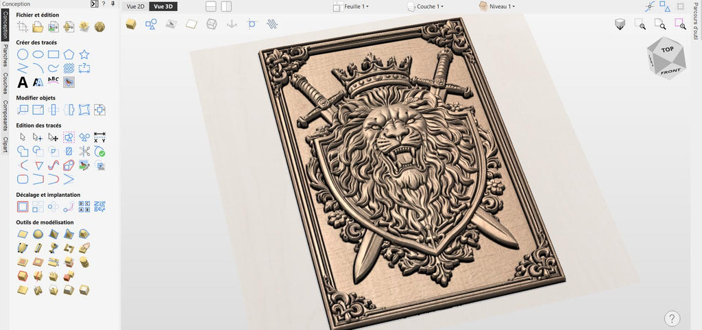 Fichier CNC blason lion couronne et épées – bas-relief royal pour sculpture bois, décoration murale STL haute qualité
