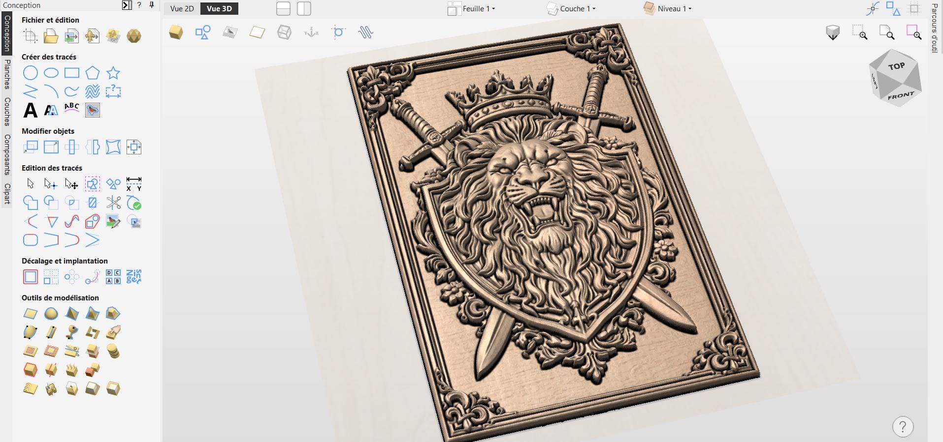 Fichier CNC blason lion couronne et épées – bas-relief royal pour sculpture bois, décoration murale STL haute qualité