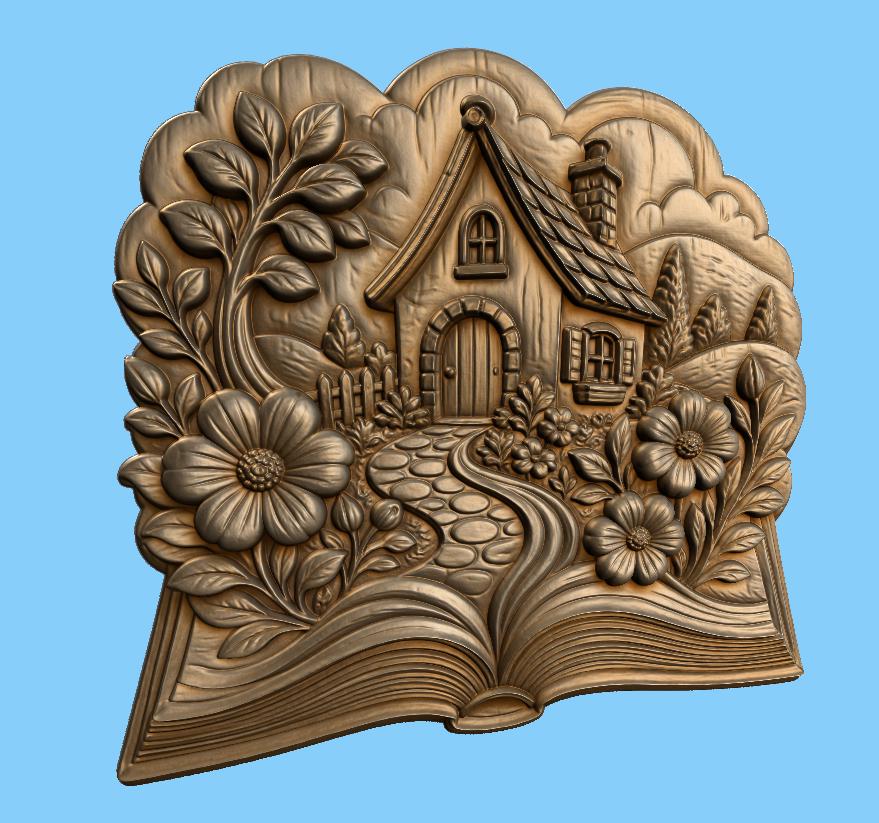 CNC- und 3D-Reliefdruck von einem Märchenhaus auf einem blumigen, offenen Buch, STL-Datei in sehr hoher Qualität