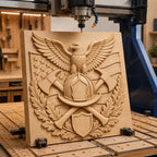 CNC & impression 3D pompier avec aigle casque et haches, STL haute qualité pour sculpture bois, combattant du feu relief