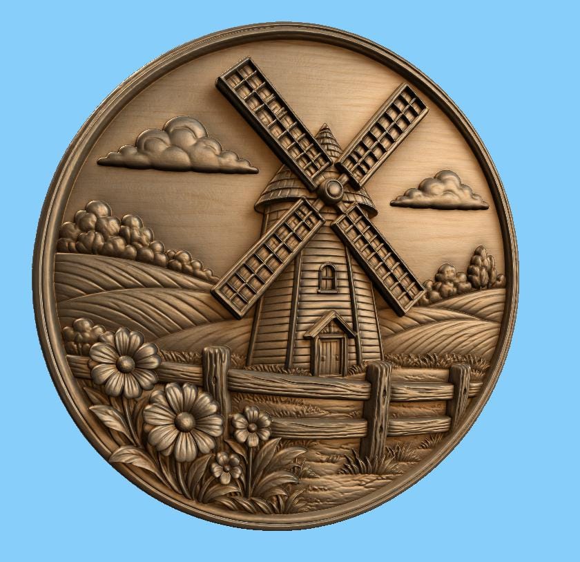 CNC & 3D-Druck Relief Landmühle rund, rustikales Bauernhaus-Dekor, sehr hochwertige STL-Datei