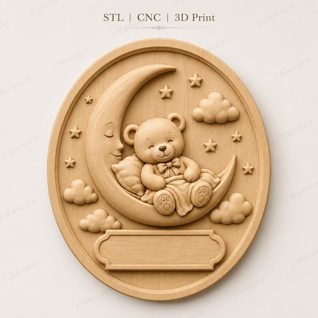 CNC- und 3D-Reliefdruck Bärchen auf Mond, Baby-Geburtsplatte zum Gravieren von Holz, hochwertige STL, zum Anpassen