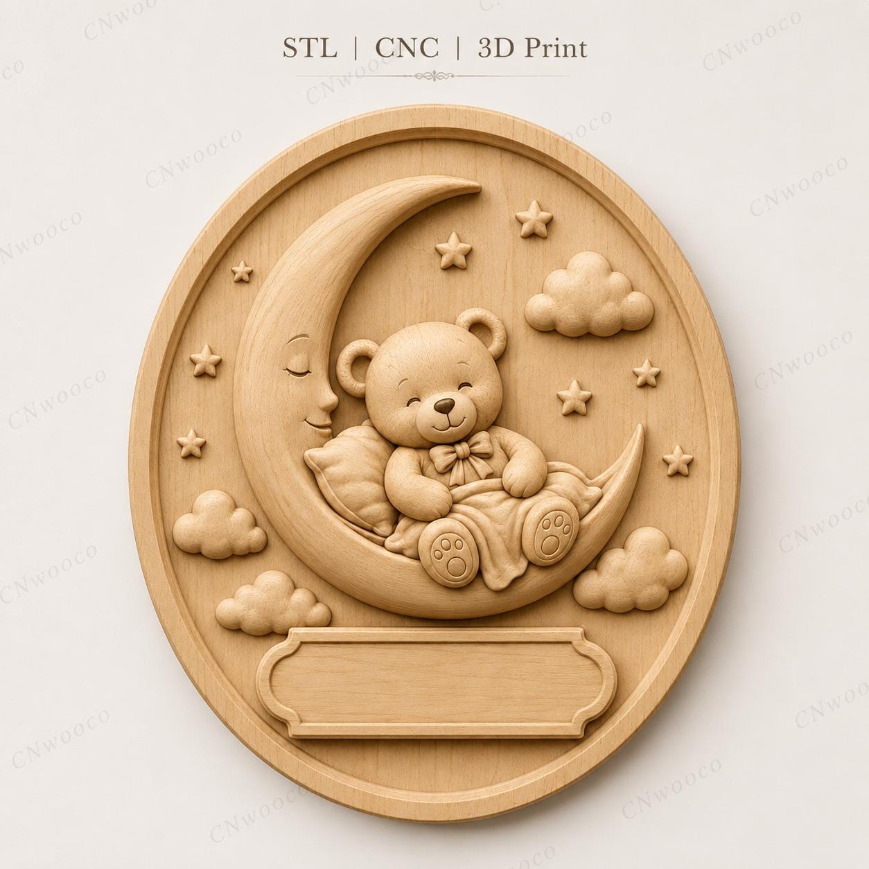 CNC- und 3D-Reliefdruck Bärchen auf Mond, Baby-Geburtsplatte zum Gravieren von Holz, hochwertige STL, zum Anpassen