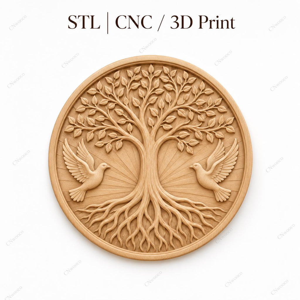 CNC & impression 3D relief arbre de vie avec colombes, décoration spirituelle nature, fichier STL très haute qualité