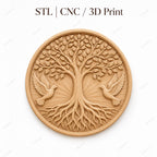CNC & impression 3D relief arbre de vie avec colombes, décoration spirituelle nature, fichier STL très haute qualité