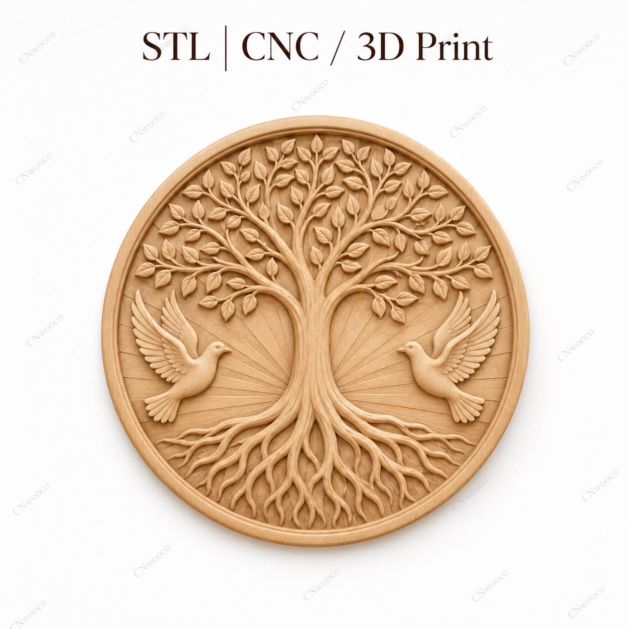 CNC & impression 3D relief arbre de vie avec colombes, décoration spirituelle nature, fichier STL très haute qualité