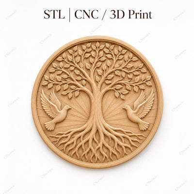CNC & impression 3D relief arbre de vie avec colombes, décoration spirituelle nature, fichier STL très haute qualité