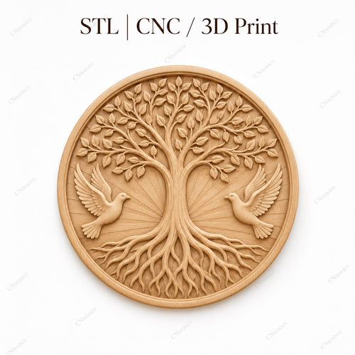 CNC & impression 3D relief arbre de vie avec colombes, décoration spirituelle nature, fichier STL très haute qualité