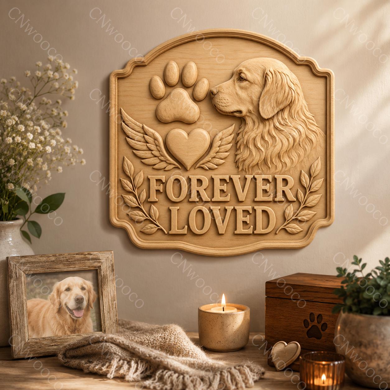 CNC & impression 3D relief mémorial chien Forever Loved avec empreinte et ailes, souvenir animal pour gravure bois, STL de haute qualité