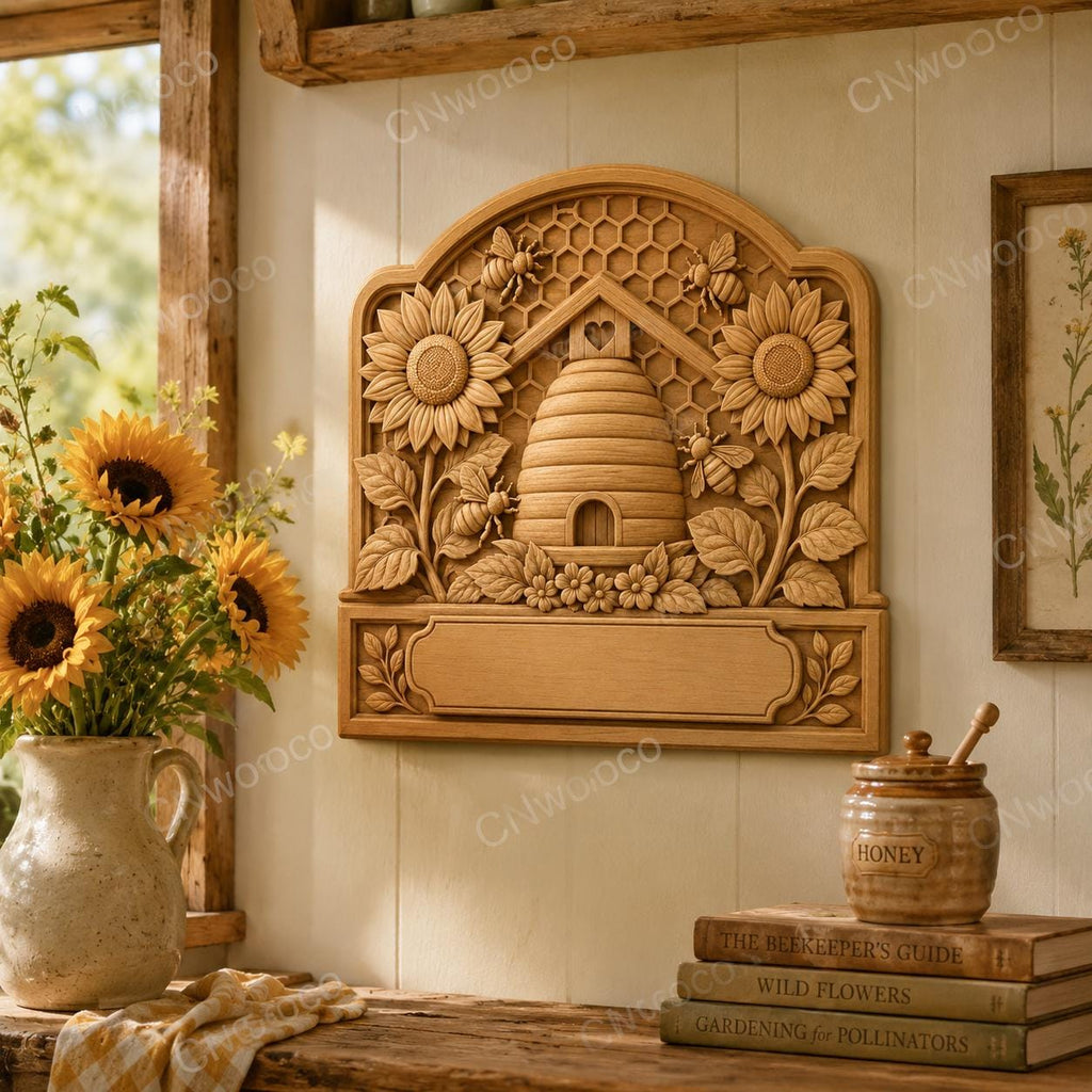 CNC & 3D-Druck, Bienenstock-Relief mit Bienen und Sonnenblumen, Imker-Schild für Holzgravur, hochwertige STL, anpassbar