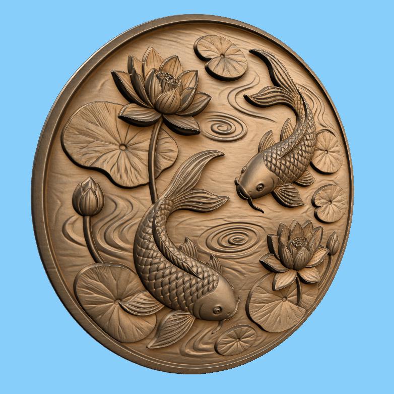 CNC & impression 3D relief poissons koi avec lotus et nénuphars, fichier STL très haute qualité