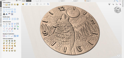Fichier CNC horloge loup lune, bas-relief bois animal sauvage, décoration murale nature, sculpture horloge, modèle gravure 3D STL