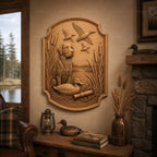 CNC & impression 3D relief chien de chasse avec canards et marais, fichier STL très haute qualité