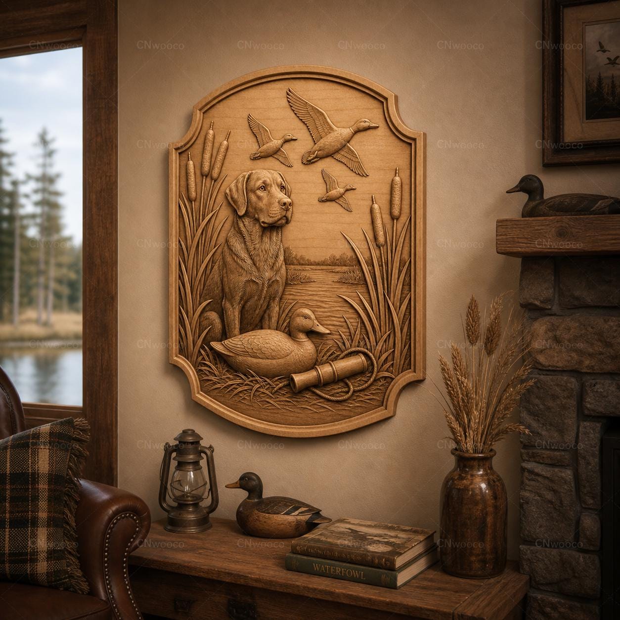 CNC & impression 3D relief chien de chasse avec canards et marais, fichier STL très haute qualité