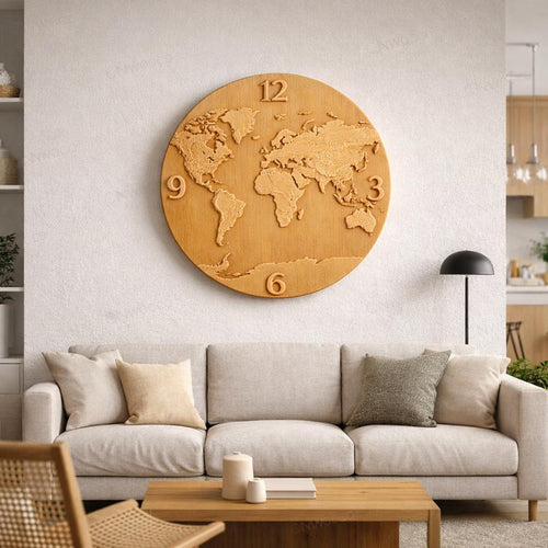 Fichier CNC horloge carte du monde, bas-relief bois moderne, décoration murale map design, sculpture horloge, modèle gravure 3D STL