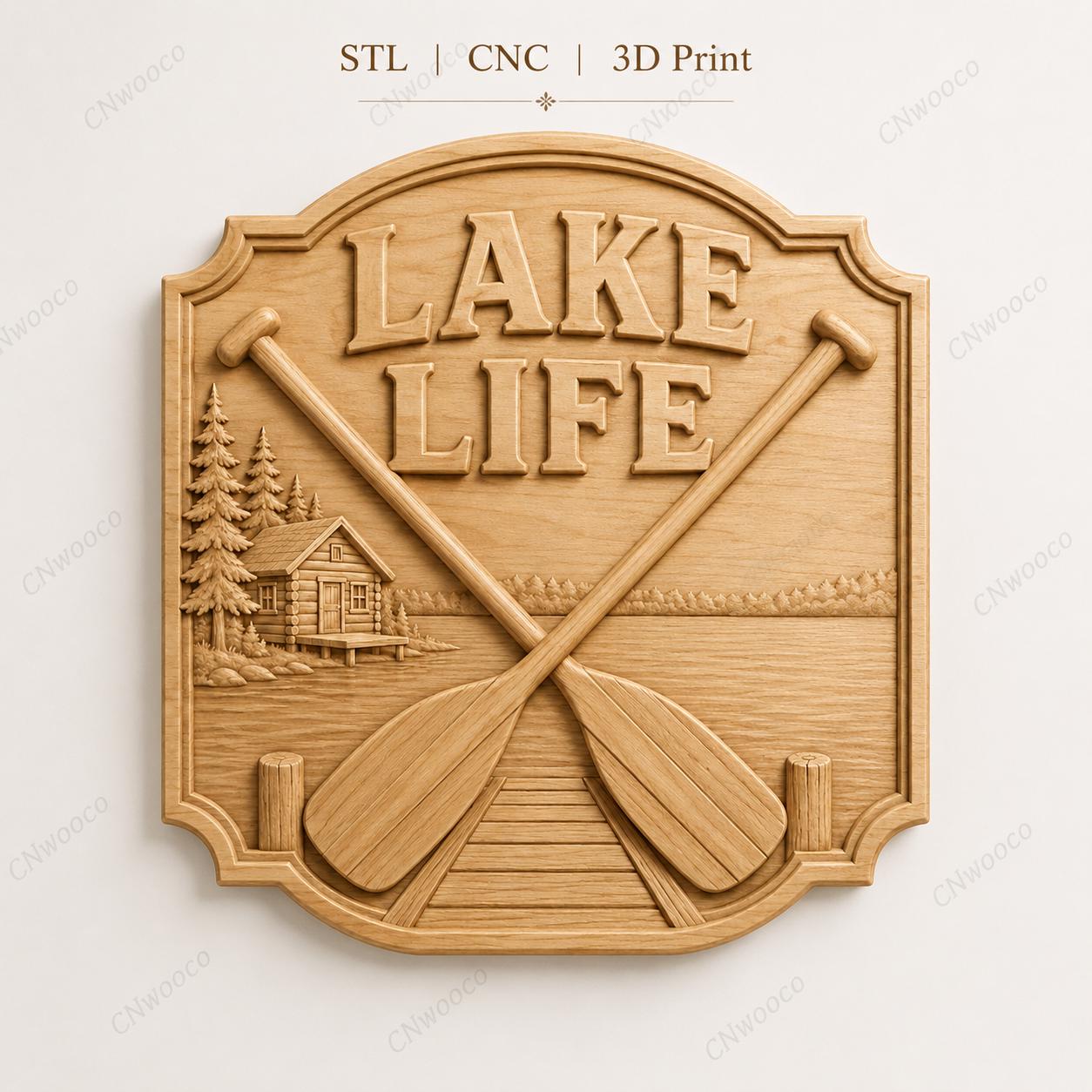 CNC & 3D-Druck Relief "Lake Life" mit Rudern und Seehütte, hochwertige STL-Datei