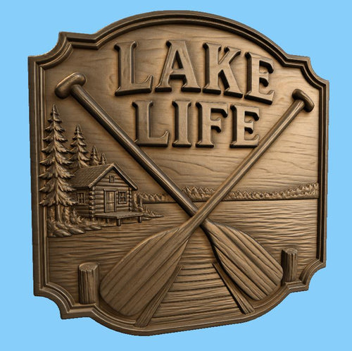 CNC & impression 3D relief Lake Life avec rames et cabane au bord du lac, fichier STL de haute qualité