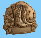 CNC & impression 3D relief bottes western et fer à cheval, fichier cowboy pour gravure bois, STL de haute qualité, à personnaliser
