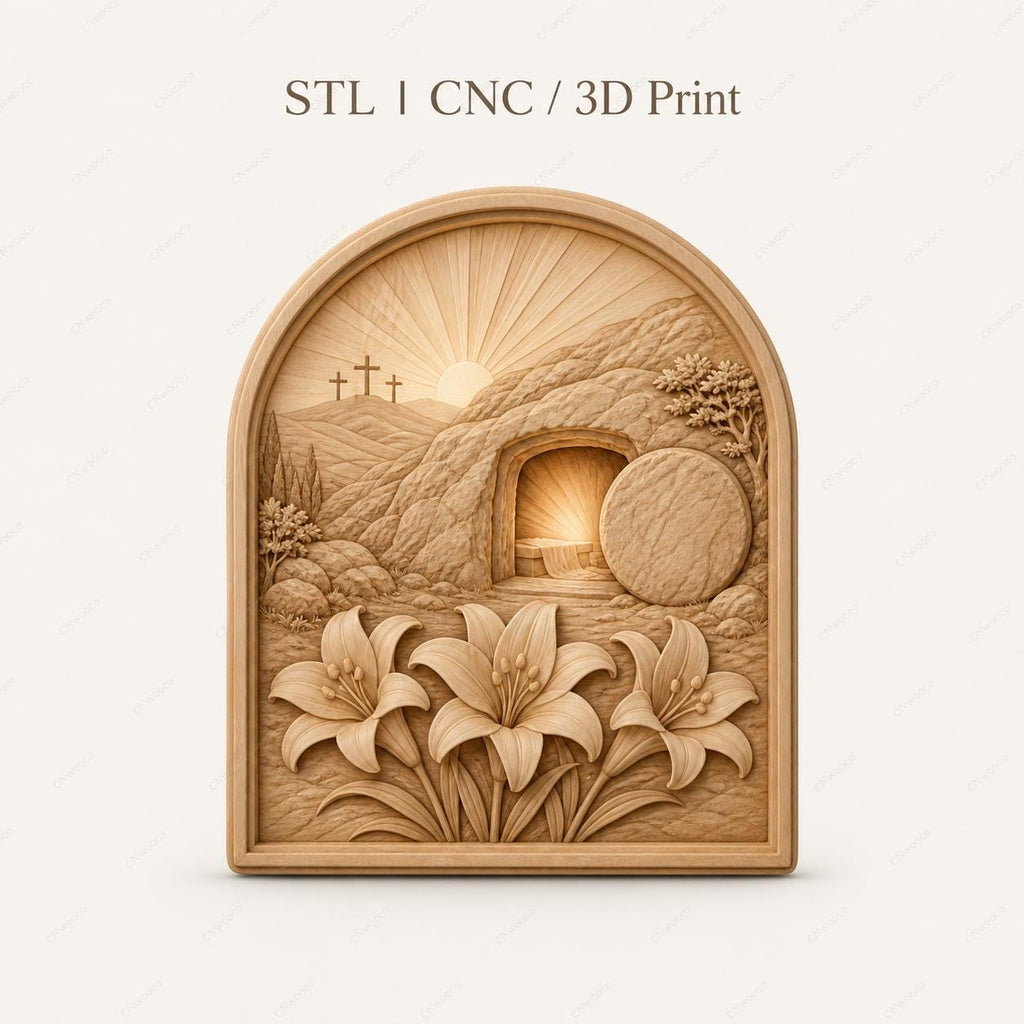 CNC & impression 3D relief tombeau vide de Pâques avec lys, fichier STL très haute qualité