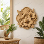 CNC & impression 3D relief colibri avec fleurs d’hibiscus, décoration florale tropicale, fichier STL très haute qualité