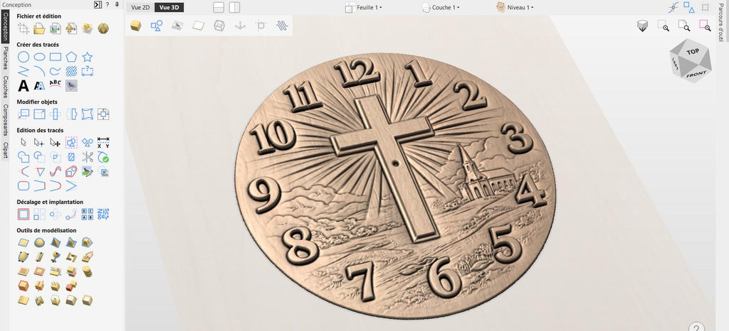 Fichier CNC horloge croix chrétienne – bas-relief religieux pour sculpture bois, décoration murale église STL