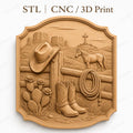 CNC & impression 3D relief western cowboy avec bottes, chapeau, corde et cheval, fichier STL très haute qualité