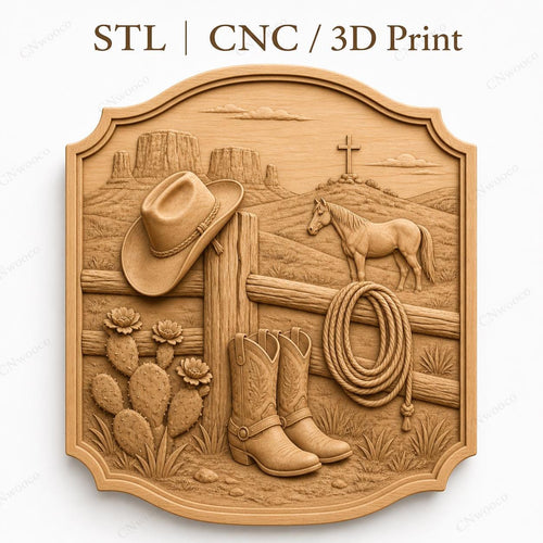CNC & impression 3D relief western cowboy avec bottes, chapeau, corde et cheval, fichier STL très haute qualité