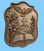 CNC & impression 3D relief Bible ouverte avec croix et colombe, fichier STL très haute qualité
