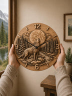 Fichier CNC horloge loup et lune – bas-relief faune sauvage pour sculpture bois, décoration murale STL