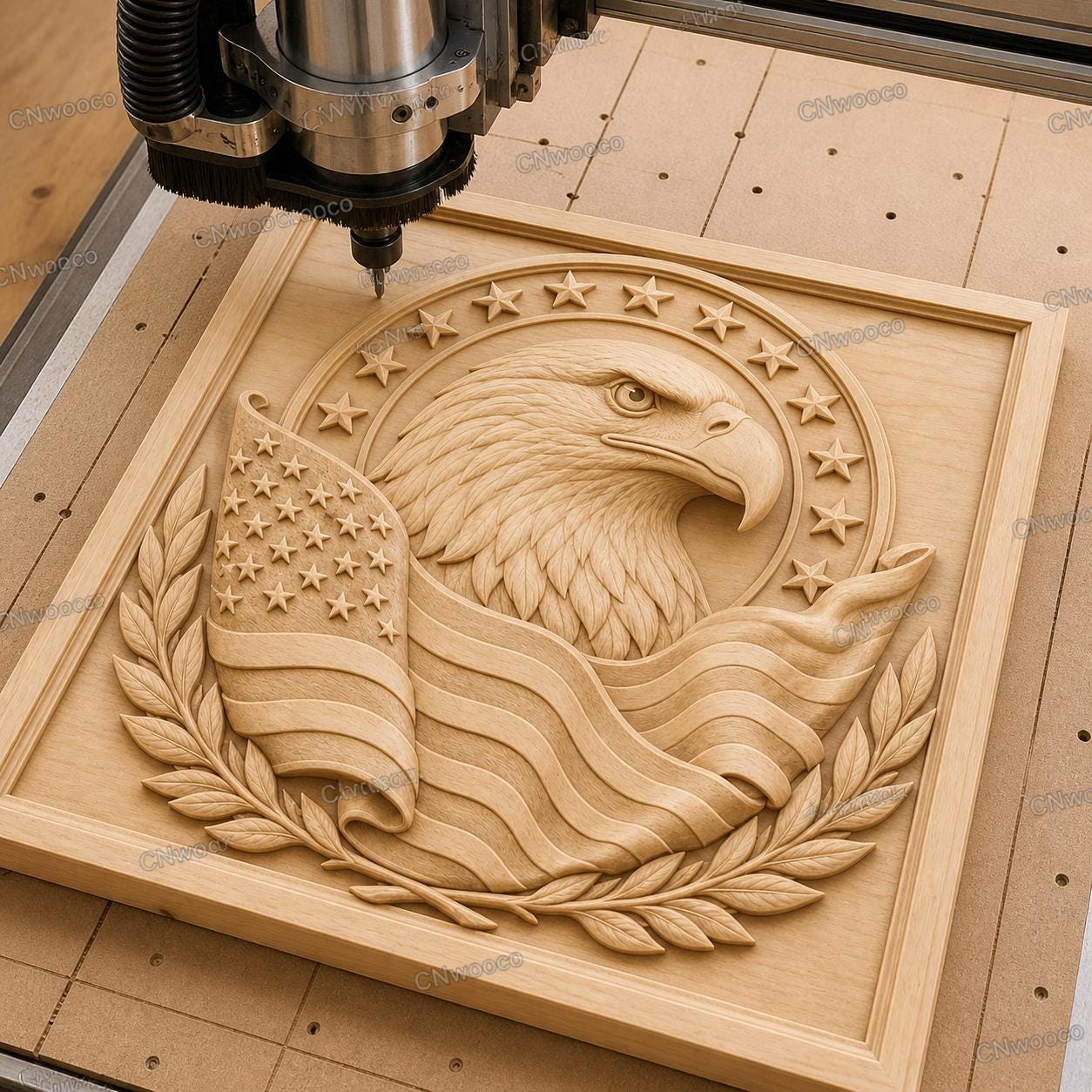 CNC & impression 3D relief aigle américain avec drapeau, décor patriotique, fichier STL très haute qualité