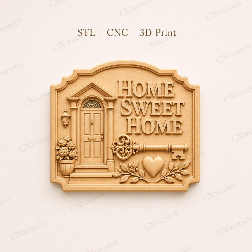 CNC & 3D-Reliefdruck Home Sweet Home mit Tür und Schlüssel, Hausdekor-Datei für Holzgravur, hochwertiges STL