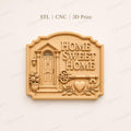 CNC & 3D-Reliefdruck Home Sweet Home mit Tür und Schlüssel, Hausdekor-Datei für Holzgravur, hochwertiges STL