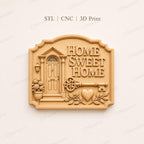 CNC & 3D-Reliefdruck Home Sweet Home mit Tür und Schlüssel, Hausdekor-Datei für Holzgravur, hochwertiges STL