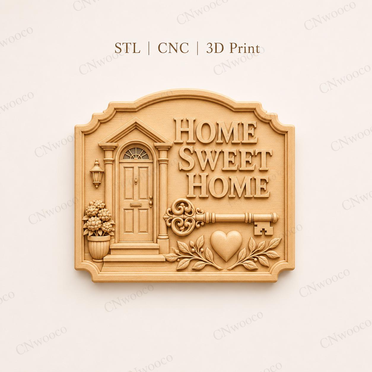 CNC & 3D-Reliefdruck Home Sweet Home mit Tür und Schlüssel, Hausdekor-Datei für Holzgravur, hochwertiges STL