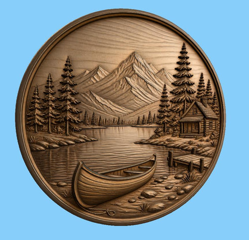 CNC & impression 3D relief chalet montagne avec lac et canoë, fichier STL très haute qualité