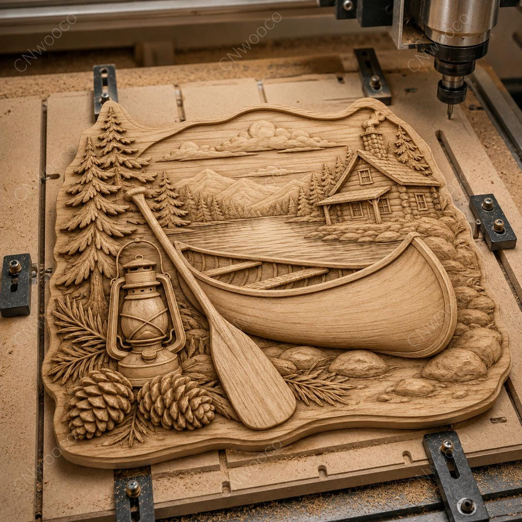 CNC & impression 3D canoë avec lanterne et paysage de lac, fichier STL très haute qualité